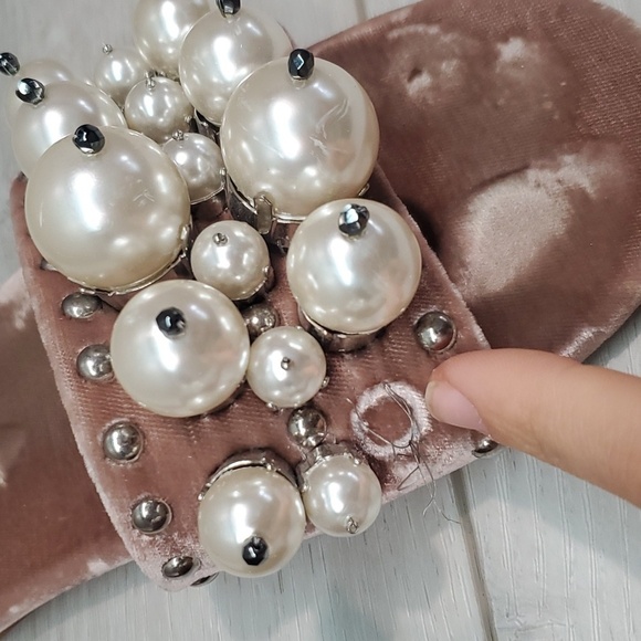 Miu Miu Burgundy Velvet Faux Pearl Embellished Flat Slides sz 37/6.5 - Picture 6 of 14